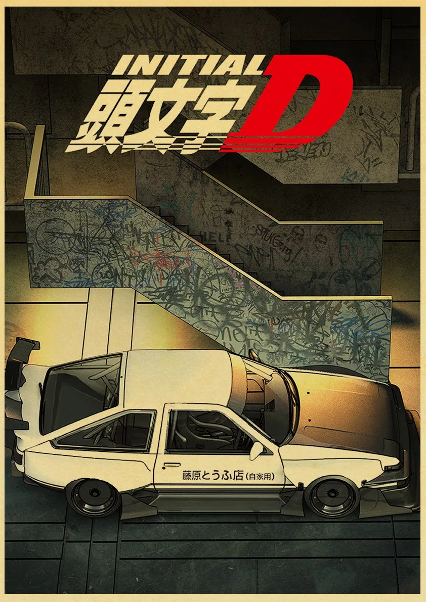 Vintage Initial D Japanese anime Posters HD Poster Kraft Paper Home Decor Study Bedroom Bar Cafe Wall Paintings