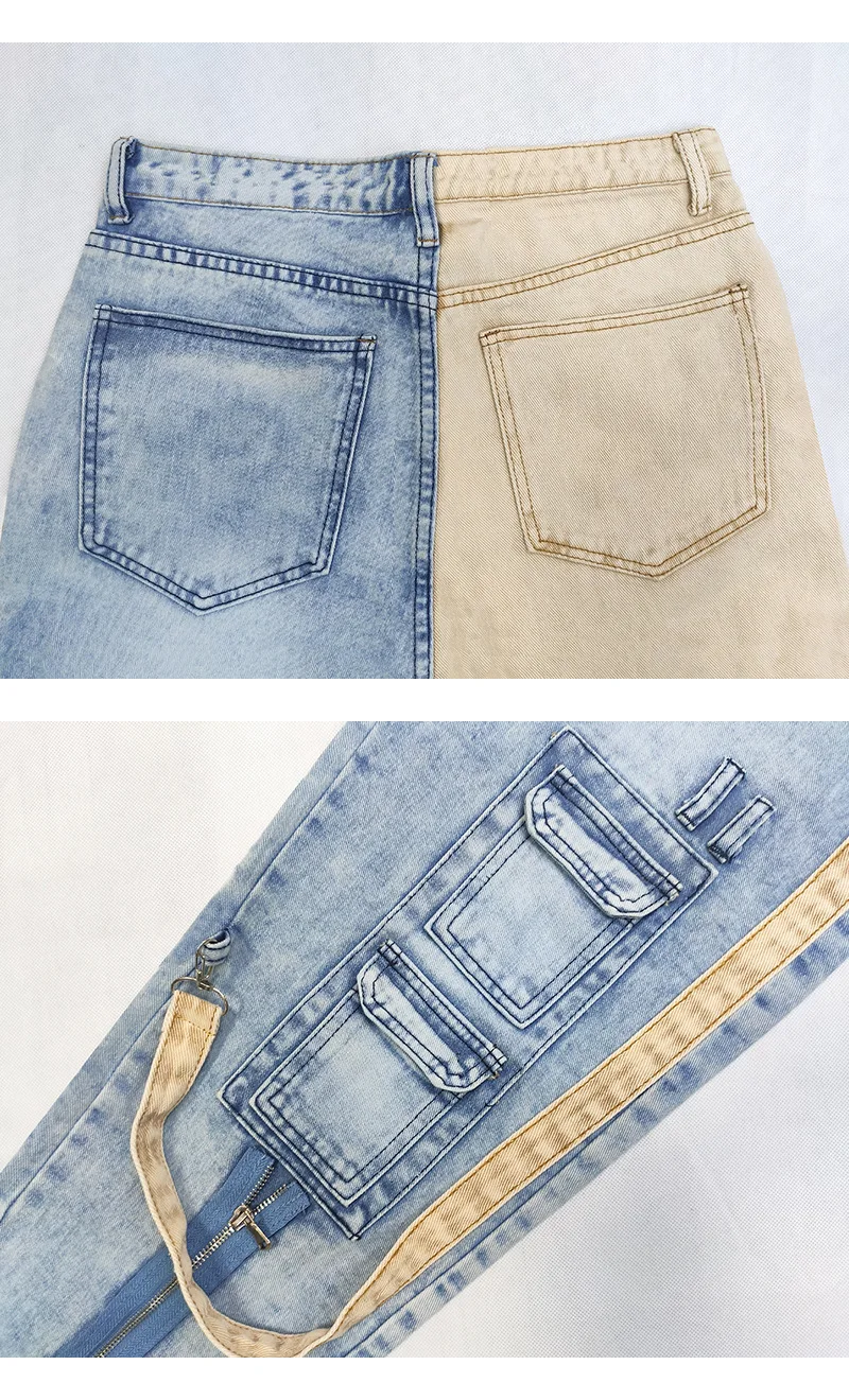 2023 New Khaki Denim Blue Personalized Color-blocking Washed Jeans Men\'s Straight Pants Zipper Tooling