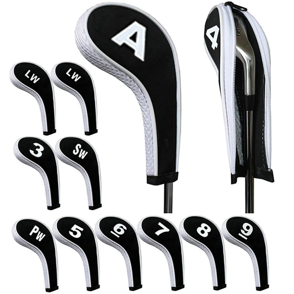 Neoprene Rubber Golf Head Cover, Ferro Putter Protect Set, Número Impresso com Zíper, Longo Pescoço, Alta Qualidade, 12Pcs