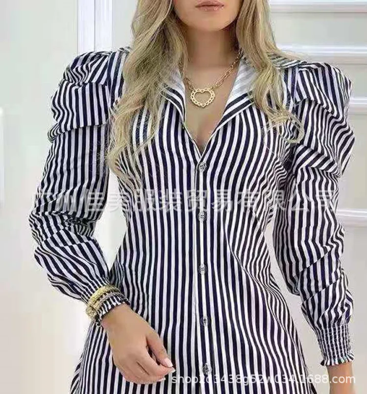 

Womens Dresses 2024 Summer Fashion Stripe Bubble Sleeve Casual Turn-Down Collar Long Sleeve Button Daily Mini Shirt Dress