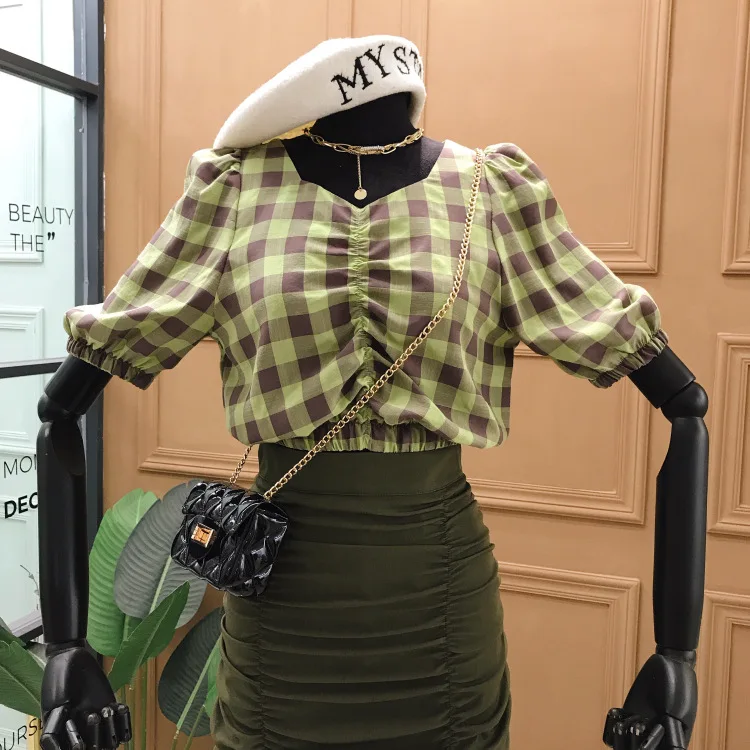 Vintage Plaid Blus Kemeja Wanita 2020 Blok Warna Santai Keren Elegan Puff Lengan V Leher Chic Pendek Blus Atasan Wanita blusas