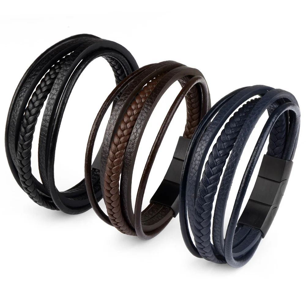 High Quality Genuine Leather Bracelet Stainless Steel Magnetic Clasp Detachable Multilayer Leather Wrap Bracelet Jewelry For Men