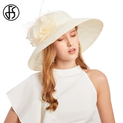 FS Summer Beige Lace Fascinator Hats Wide Brim Party Church Hat For Women Elegant Wedding Fedora Ladies Kentucky Derby Cap 2024