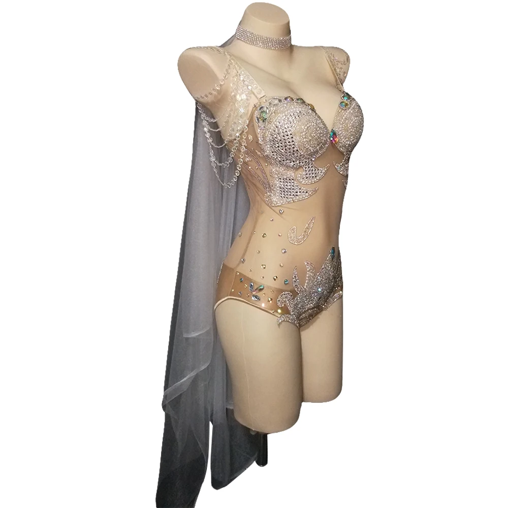 

Nightclub Party Pole Dance Bodysuit Women Elastic Mesh Perspective Bodysuit Tassel Rhinestone Leotard Singer Sexy Stage Wear