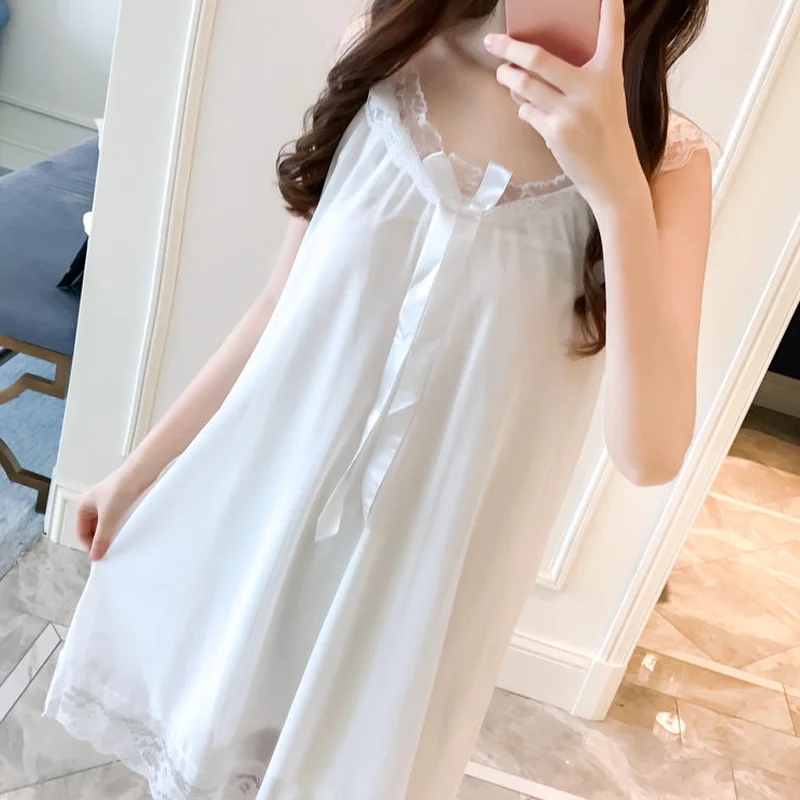 Nightgowns Women Leisure Knee-length Sleep Comfortable Sexy Sweet Lace Sleeveless Homewear Solid Color Soft Japanese Style Retro