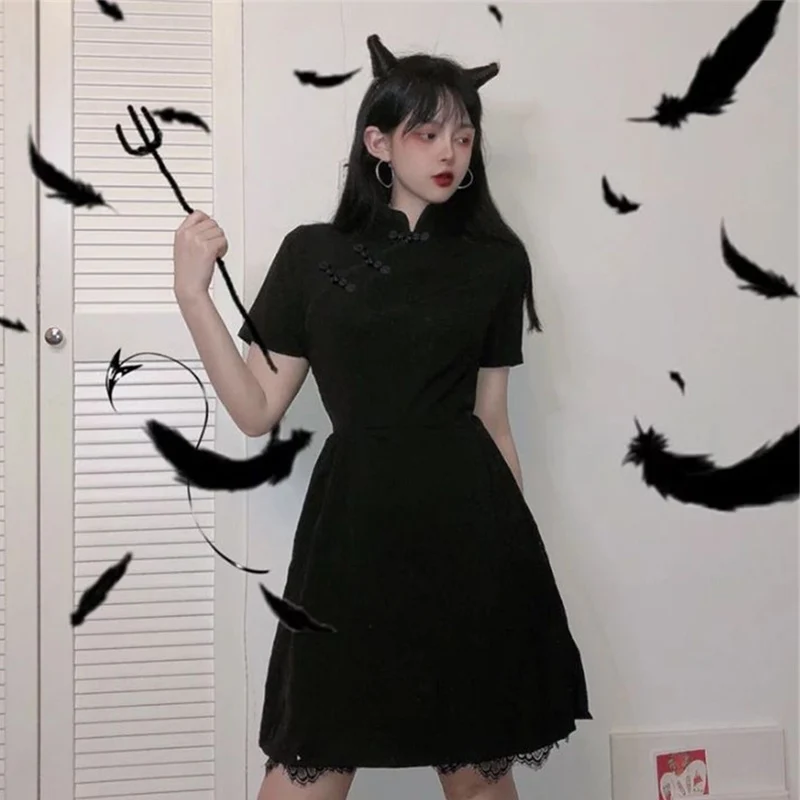 

Japanese Harajuku Vintage Gothic Lolita Dresses Black Slim Chinese Style Cheongsam Dress