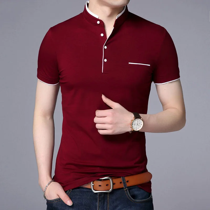 New Summer Short Sleeve Men T Shirt Fashion Slim Fit Stand Collar Men\'s Tops Tees Cotton Business Casual Mens Clothing 2022