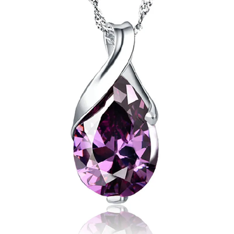 New Silver Colour Necklace Angel Tears Crystal Purple Pendant Necklace for Woman Charm Jewelry Gift