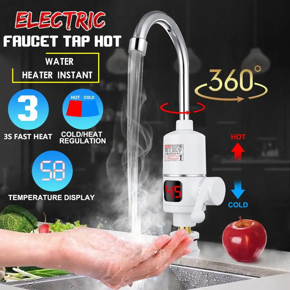 3000W Tankless Instant Electric Hot Water Heater Faucet LED Kitchen Bathroom Heating Tap