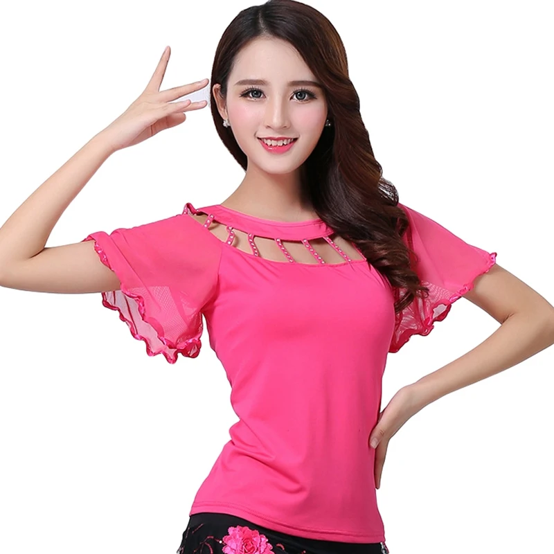 Camisa de baile moderna para mujer, trajes de baile de salón latino, elegantes, para escenario, manga corta, para Festival, Rave, Tops de baile, L-4XL, nueva de 2020