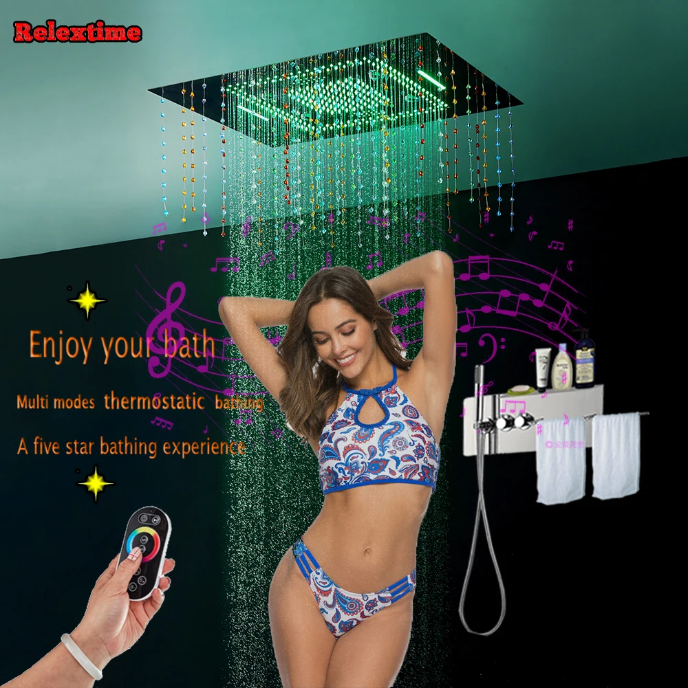 

Crystal Pendant Bluetooth Speaker LED Ceiling Shower Head Concealed Ducha Set Thermostatic Valve Faucet Mixer Shower Panel Shelf