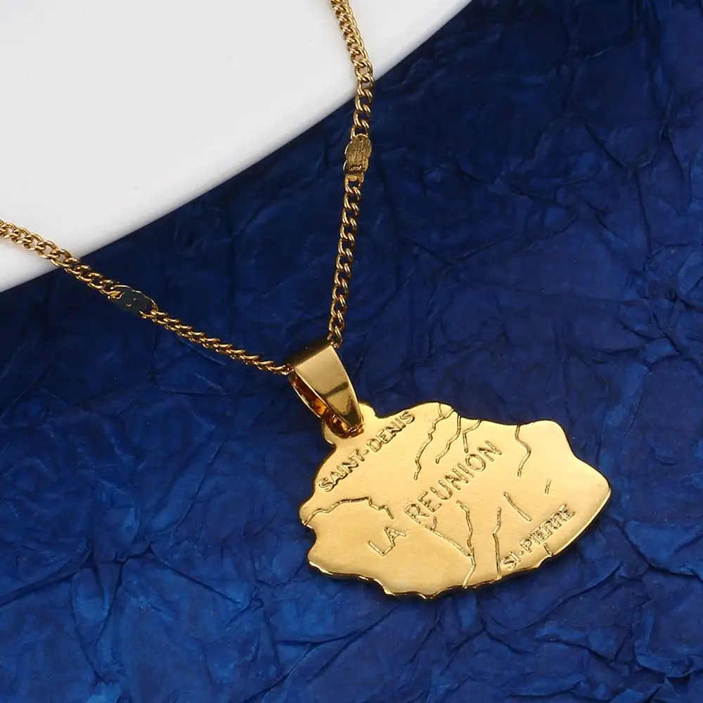 Gold Color La Reunion Map Pendant Necklace Country Map France Reunion Island Trendy Maps Jewelry