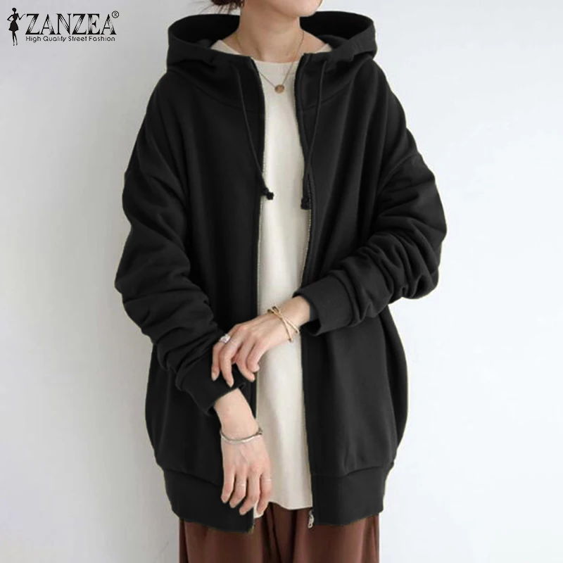 Elegant Hooded Sweatshirts Women\'s Solid Hoodies ZANZEA 2023 Casual Long Sleeve Zipper Coat Female Outwear Jackets Oversized Top