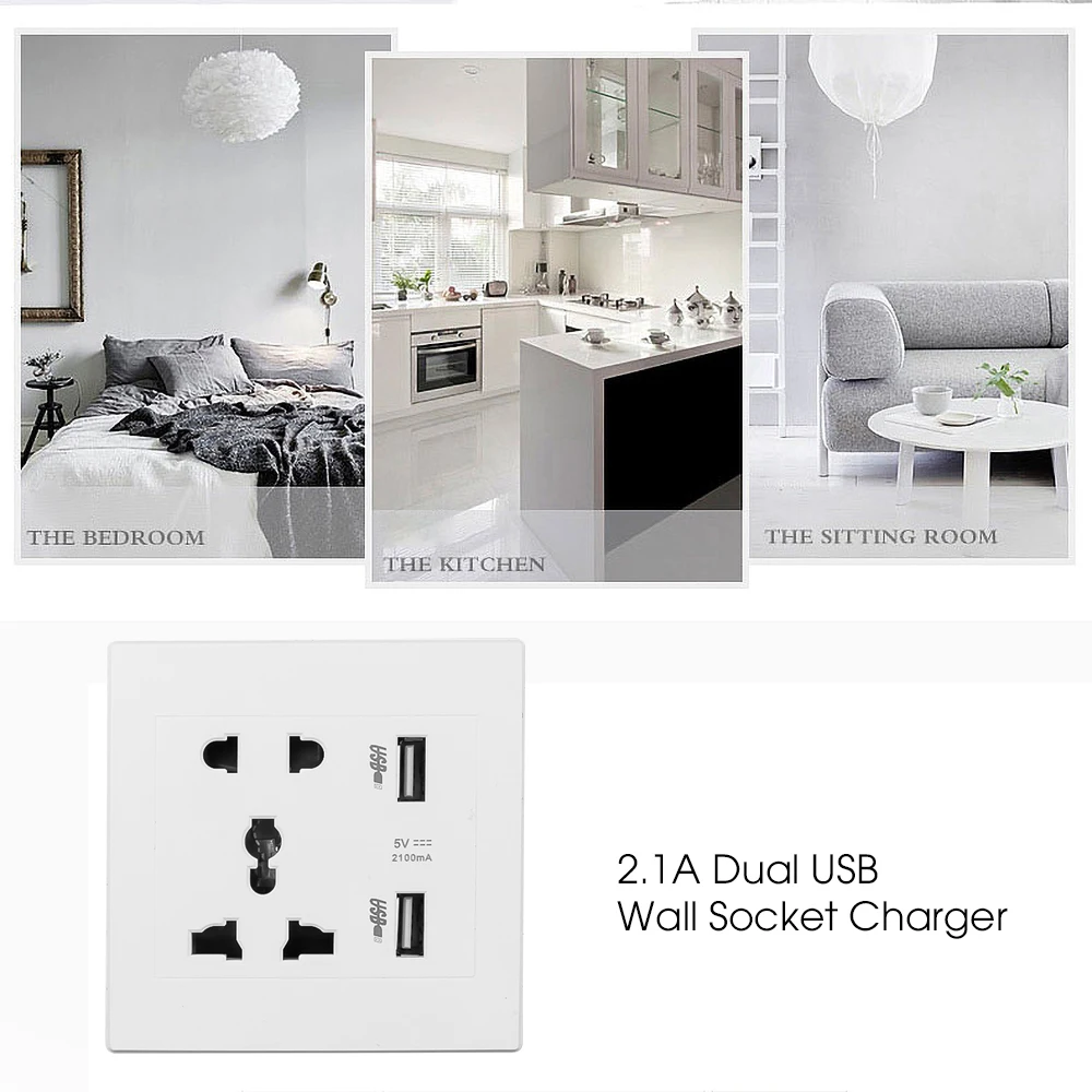 USB Socket Wall Power Outlets with Double USB Port Home Panel Outlet 2.1A 5V Electrical Power Sockets