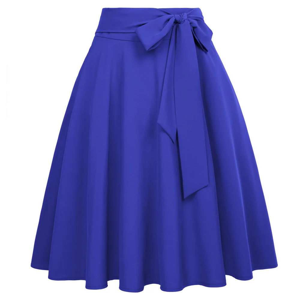 Womens Solid High Waist Tied Front Pleated Short Midi A-Line Skirt Black