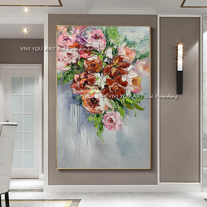 100% Hand painted pink colorful flower oil painting knife canvas handmade modern artist living room home decoration wall art