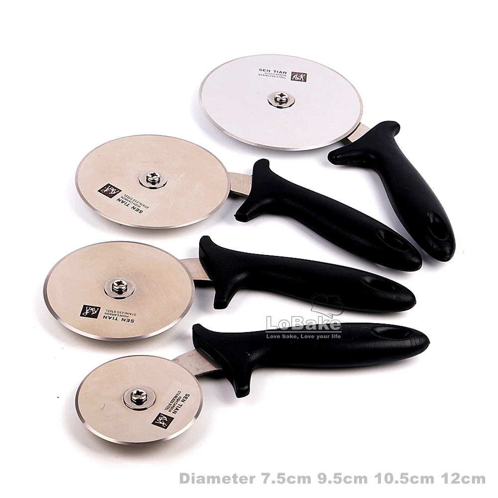 

4 sizes 7.5cm 9.5cm 10.5cm 12cm diameter 304 stainless steel round pizza wheels cutter dough slicer kitchen knife baking tools