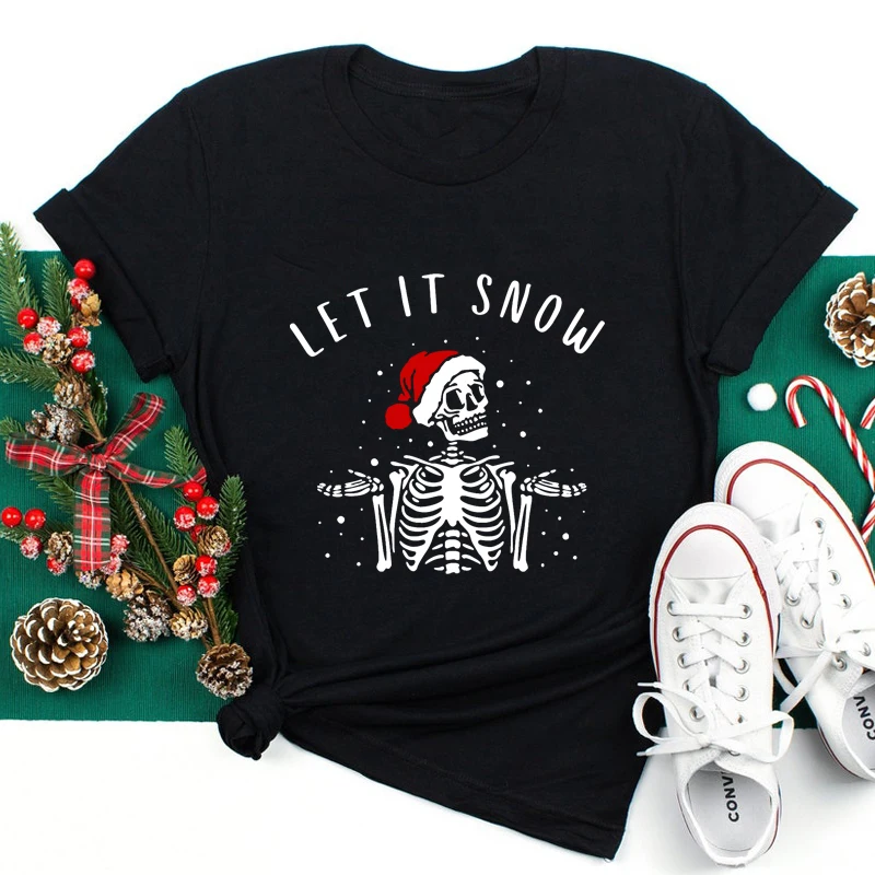 

Colored Skeleton Let It Snow T-shirt Aesthetic Merry Christmas Tee Shirt Top Funny Women Graphic Holiday Goth Tshirt