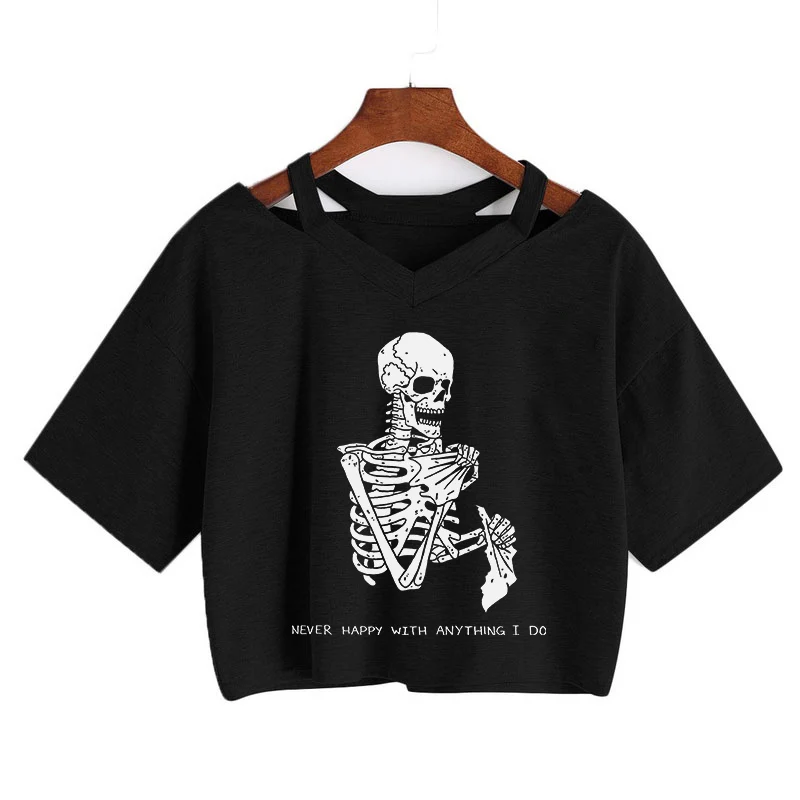 Women Skull inspiration Tee Summer Punk Skull Grunge T-shirt V-nekc Short sleeve Female Crop tops Gothic Harajuku Vintage Shirt