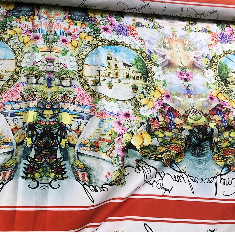 

Ретро пейзажный замок с принтом поплина, хлопчатобумажная ткань для женской блузки или платья, ткань «сделай сам», швейный материал