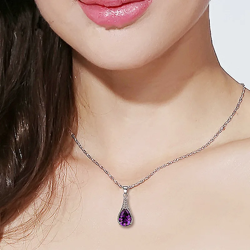 Buyee 925 Sterling Silver Female Stone Pendant Chain Natural Amethyst Necklace for Women Luxury Wedding Fine Jewelry Chain  45cm