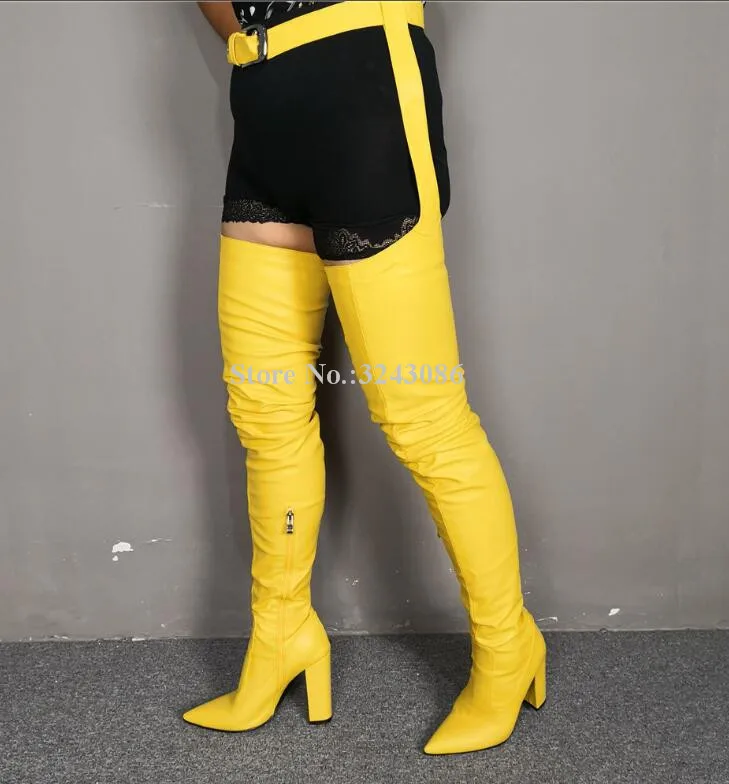 Women Yellow Color Leather Chunky Heel Waist Pants Long Boots Fashion Pointed Toe Belt Over the Knee Thigh High Boots Lady