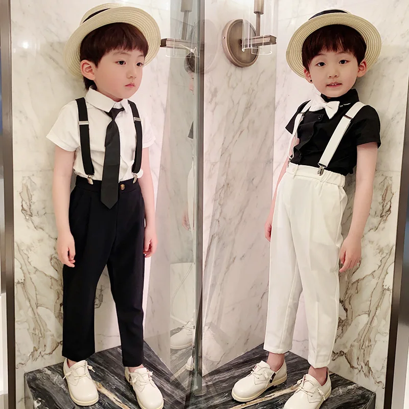 

Boys T Shirt+Suspender+Pants+Tie 4PCS Clothing Set Kindergarten Graduation Suit Children Chorus Costume Kid Birthday Party Dress