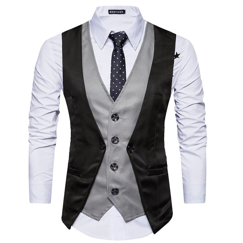 

Fake Two Pieces Patchwork Suit Vest Men 2022 Brand Slim Fit Business Sleeveless Waistcoat Men Wedding Tuxedo Vests Gilet Men XXL