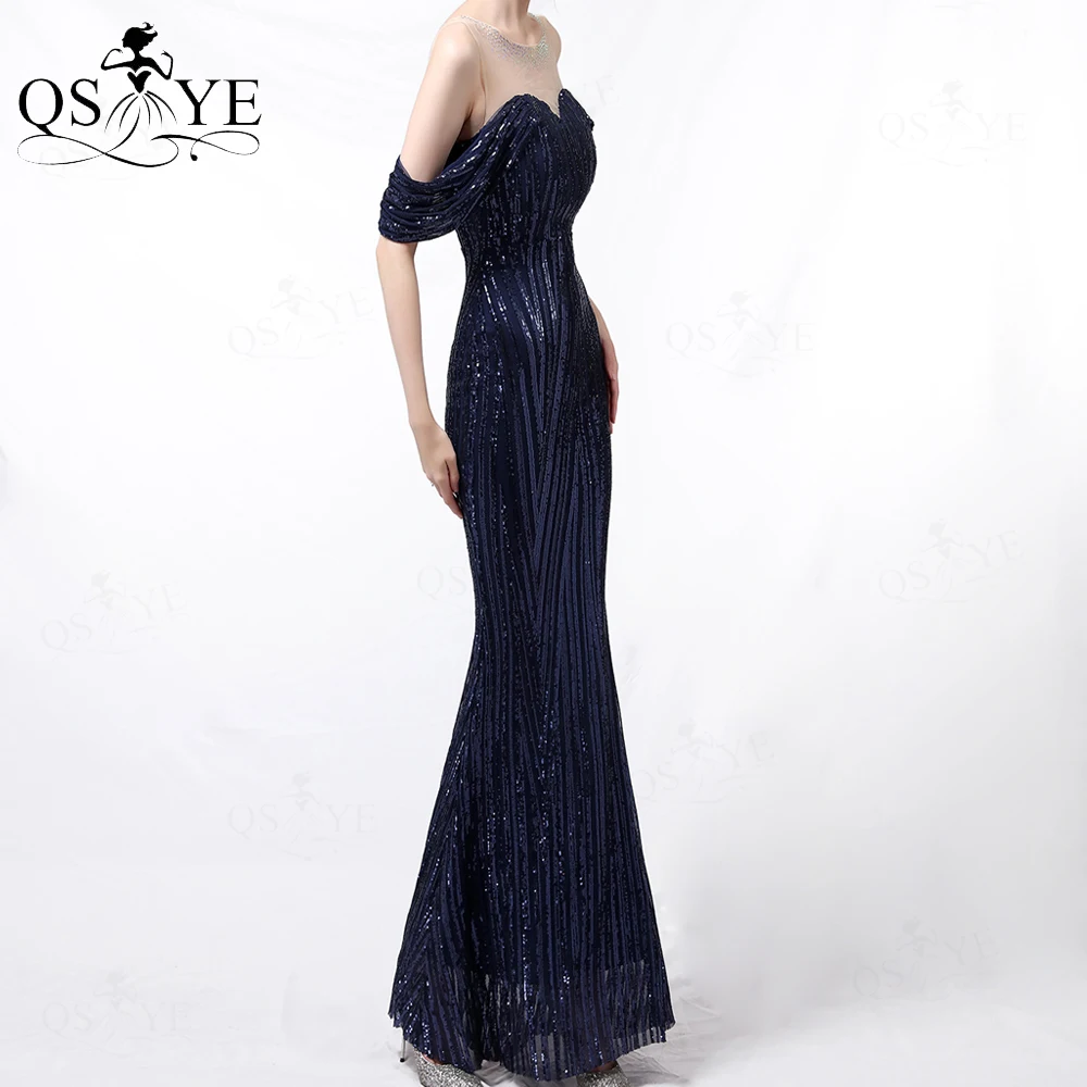 Off Shoulder Sequined Navy Evening Dress Vertical Stripes Mermaid Party Dress Side Sleeves Hot Drill Nude Neckline Fit Prom Gown