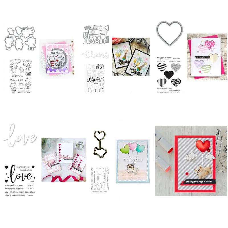 Love Hearts Prints Cheers wine Robot 2020 New Cutting Dies and Stamps Set for DIY Scrapbooking Crafts Cards Making