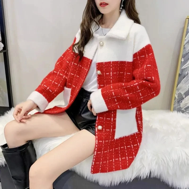 Autumn Winter Women Imitation Mink Velvet Jacket 2023New Fashion Color Matching Student Overcoat Korean Loose Ladies Woolen Coat