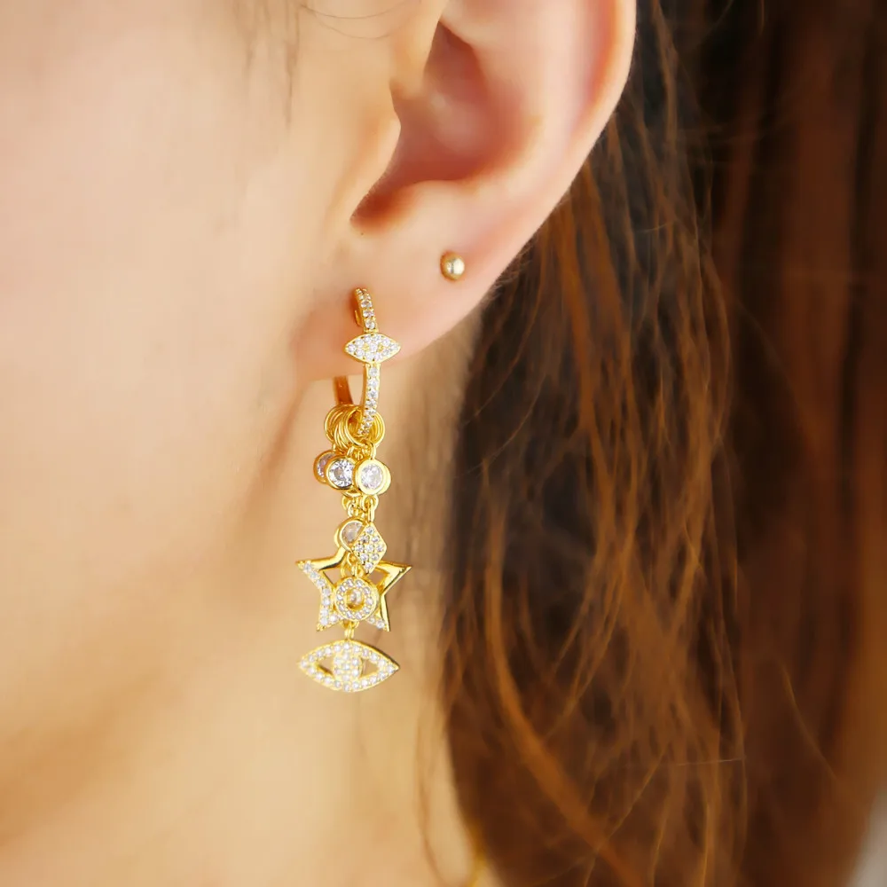 2025 Gold Color Delicate Floating CZ Star Stacking Fashion Trendy Women Turkish Evil Eye Cz Charm Huggie Hoop Earrings Jewelry view 2