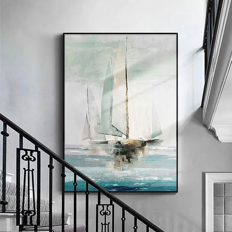 

100% Hand Painted Natural Abstract Boat Landscape Hand Made Oil Painting On Canvas Wall Art Pictures For Living Room Frameless