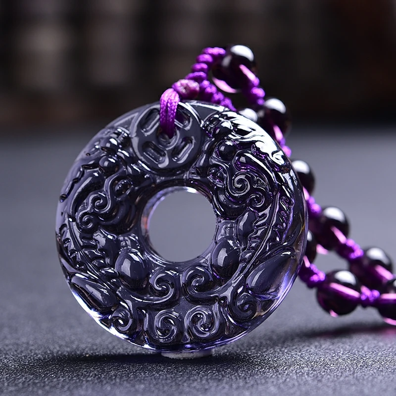 Natural Purple Amethyst Quartz Donut Round Pendant Pi Xiu Carved Brazil Round 38x10mm Healing Purple Aemthyst AAAAA