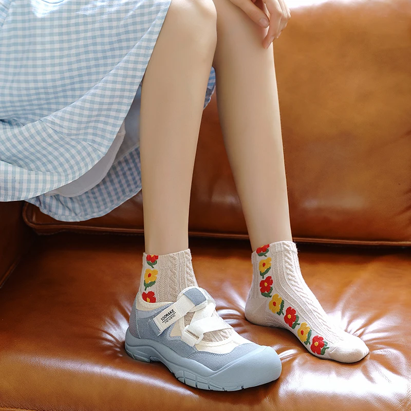 5 Pairs New Fashion Women Socks Japanese Korean Style Female Cartoon Flower Harajuku Kawaii Socks School Girls Casual Crew Socks