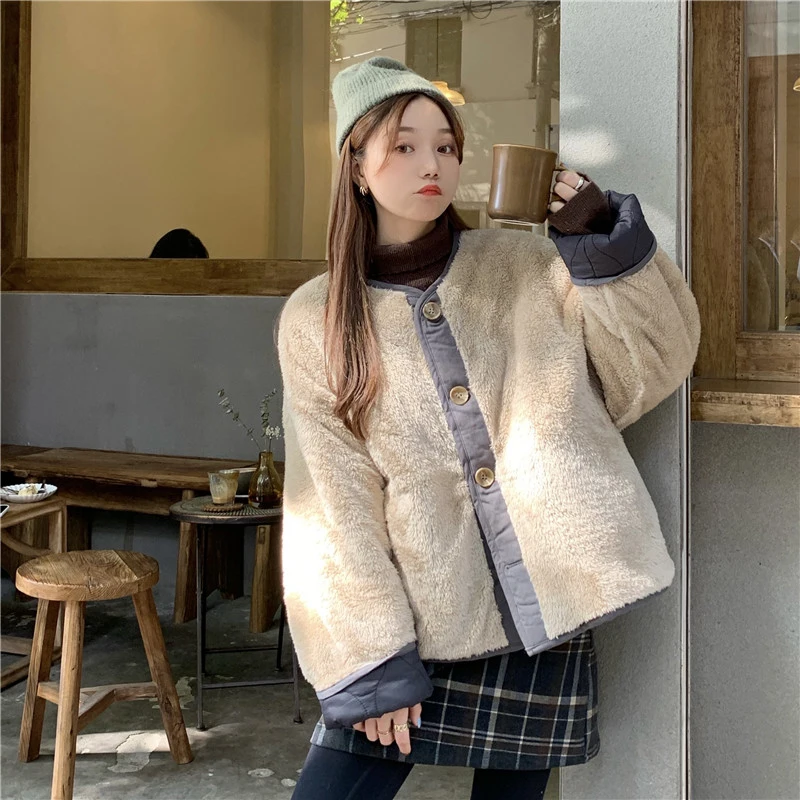 Alien Kitty 2021 Winter Solid Lambswool Patchwork Women Coat Thick Warm Loose Casual  Jacket Female Outwear Elegant Tops