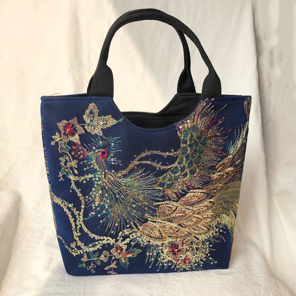 Veowalk Summer Women Shiny Peacock Embroidered Tote Bag Retro Ladies Casual Large Shopping Handbag with Shoulder Belts Handmade