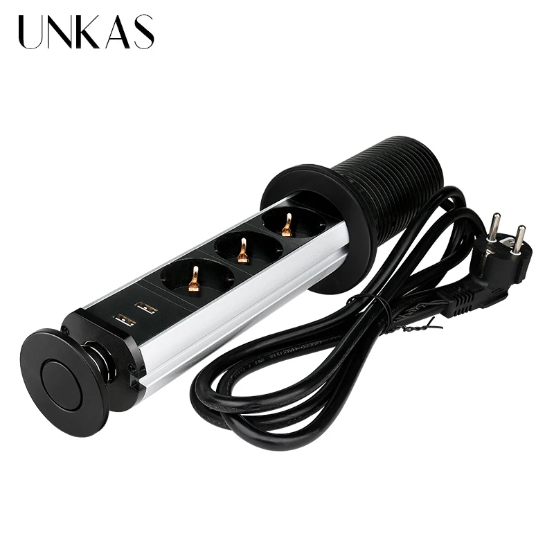 UNKAS 16A PULL POP UP 3 Power EU Socket New Black Color Dual USB Port Kitchen Table Desktop Retractable Countertops French Plug