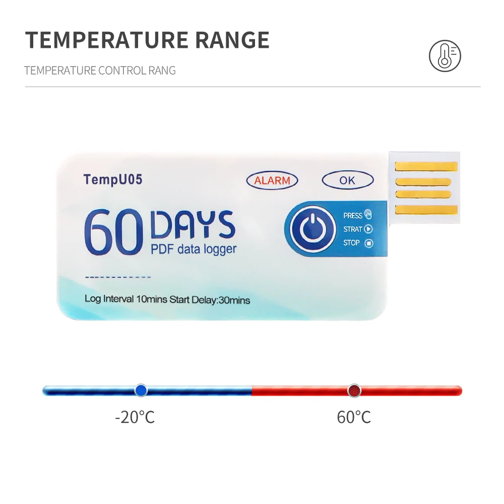 TempU05 1pcs Temperature Data Logger 60 Day Single Use Temperature Analyzer PDF Report USB Temperature Logger