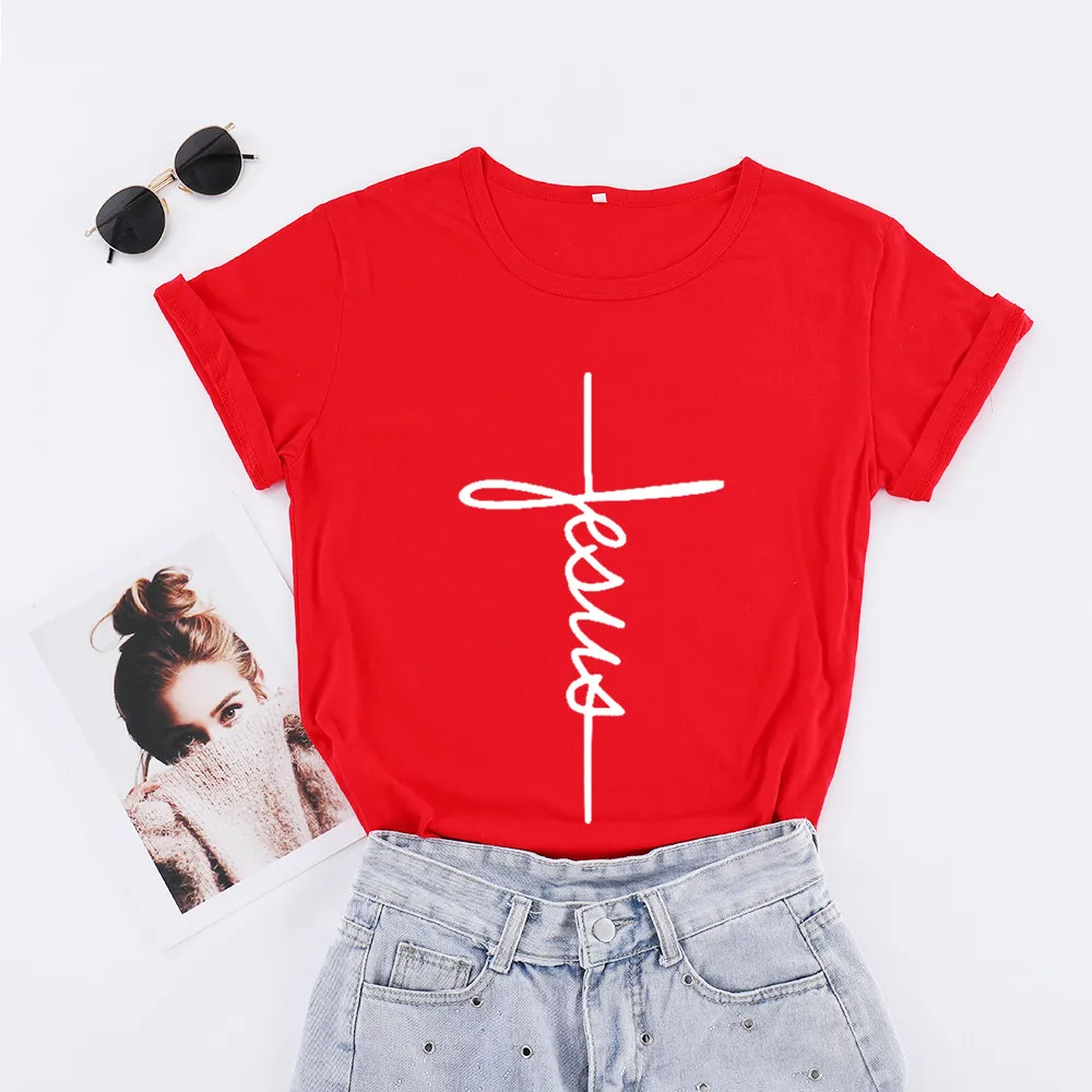 

Christian Jesus Cross Tshirts Faith Believed Blessed Short Sleeve T-shirts O Neck Cotton Funny T Graphic Top Tees For Women