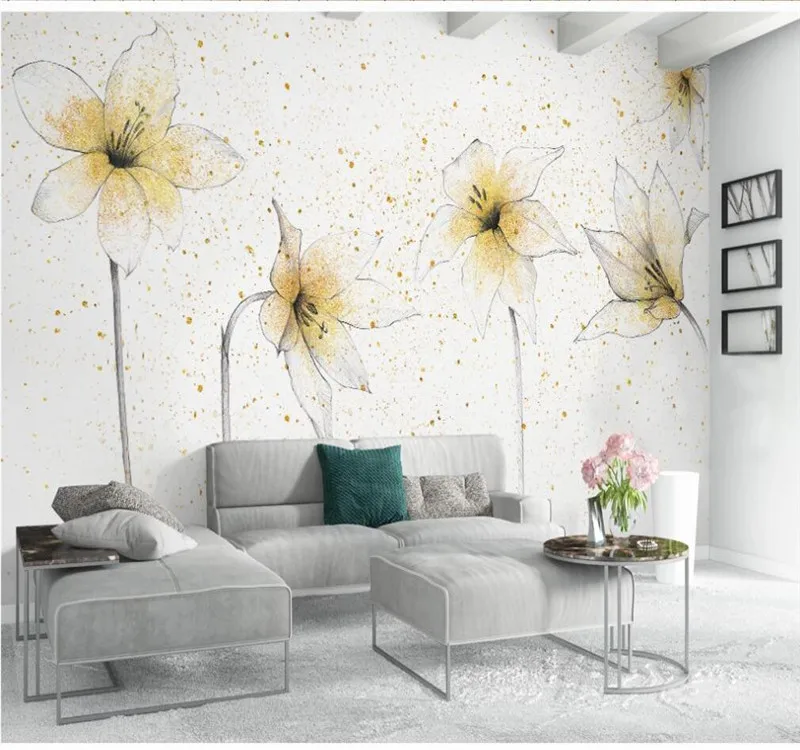 Professional custom high-end wallpaper modern small fresh garden golden lily Nordic wall - high-grade waterproof material