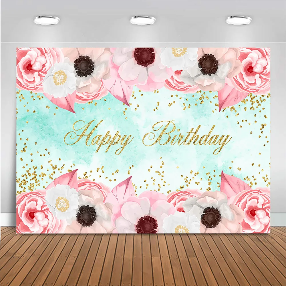 Mocsicka Happy Birthday Backdrop for Photography Pink Flower Rose Birthday Party Photo Background Photo Studio Decoration Banner