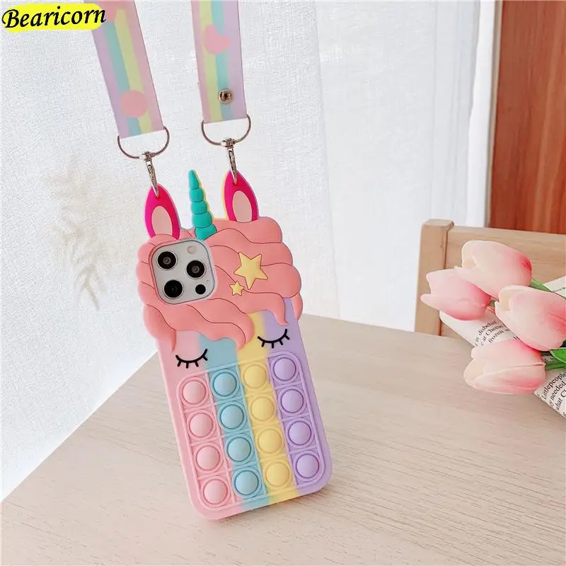 Pop Zappeln Spielzeug Blase Fall Für iPhone 11 12 13 Pro X Xs Max XR 6 6s 7 8 plus 5 5s SE Mini Cartoon Einhorn Weiche Silikon Abdeckung