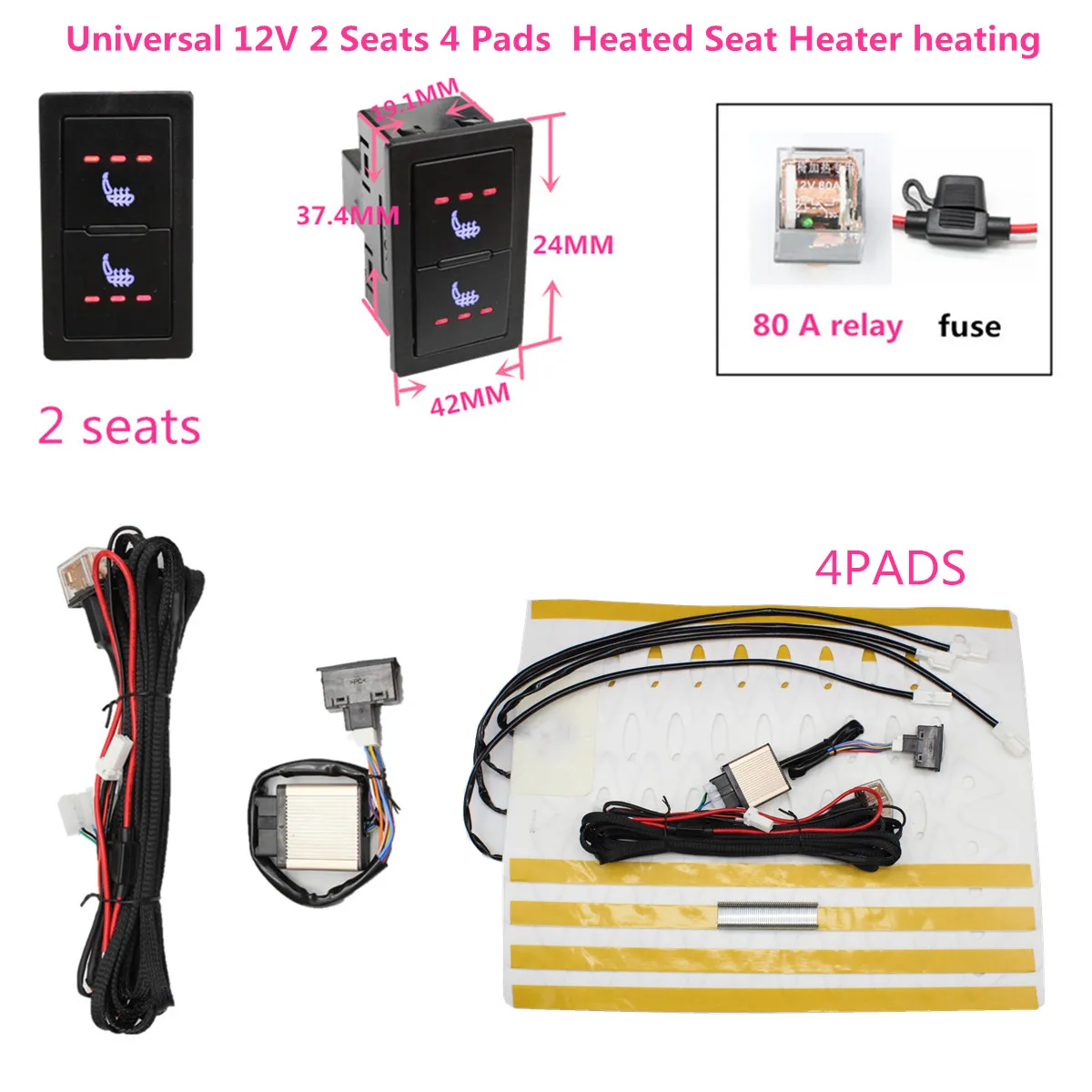 Universal 12V 2 Seats 4 Pads  Alloy wire  Heated Seat Heater heating 12 V Pads 3 Level Switch Winter Warmer Seat Covers