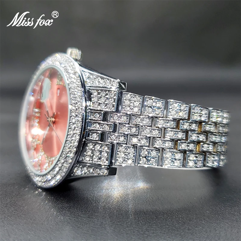 MISSFOX-Relógio de diamante gelado para mulheres, relógios vestido de festa rosa, estilo quente, presente surpresa para senhoras, diamante, luxo