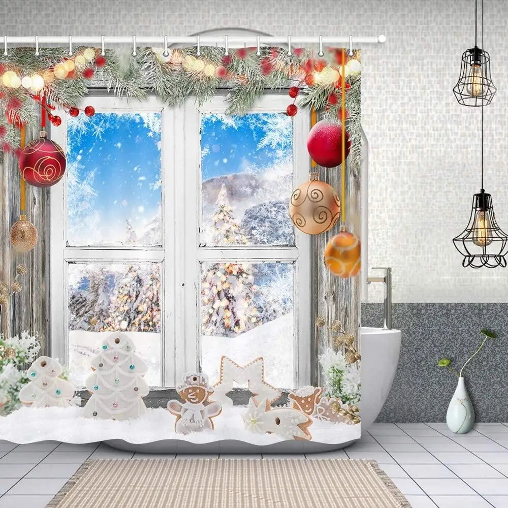 Christmas Gingerbread Man Snow Shower Curtains Set, Colorful Xmas Balls Polyester Fabric Winter Xmas Tree Bathroom Curtain Decor