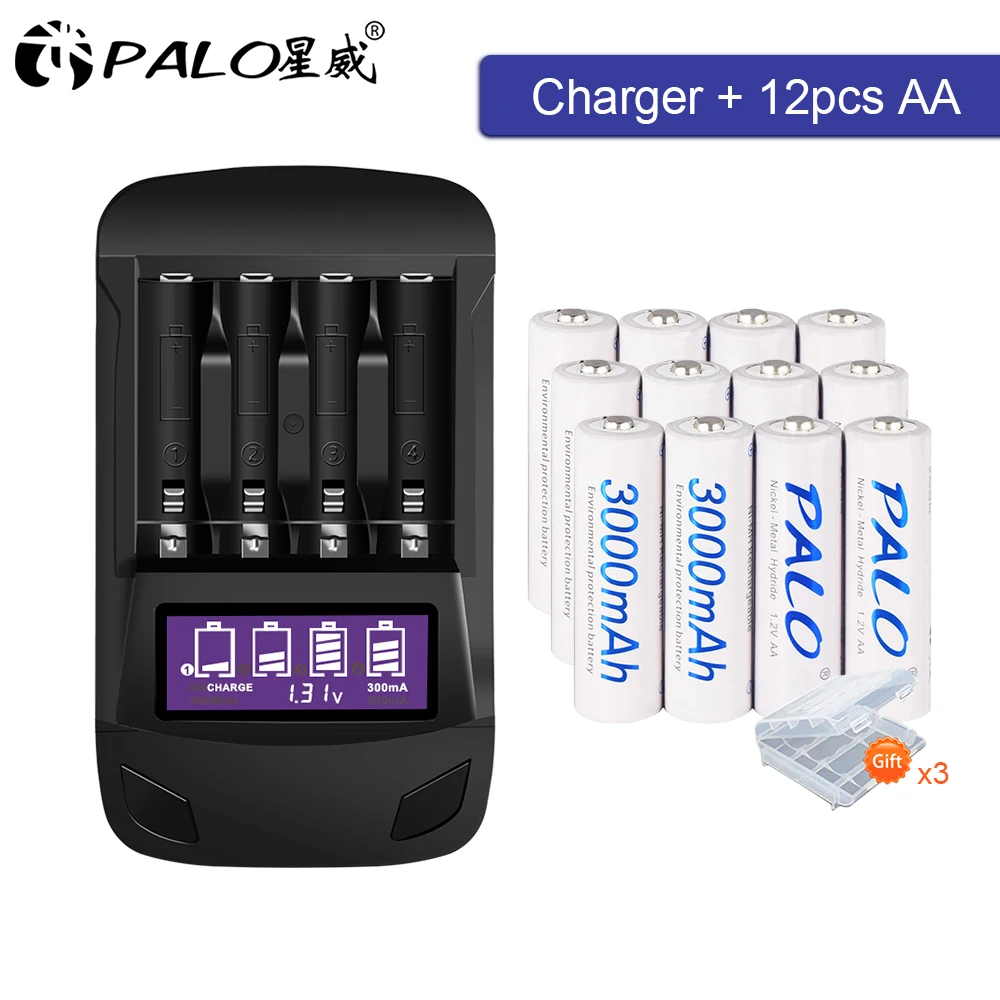 

12pcs aa battery 1.2v ni-mh aa rechargeable battery rechargeable and lcd aa battery charger for ni-mh aa