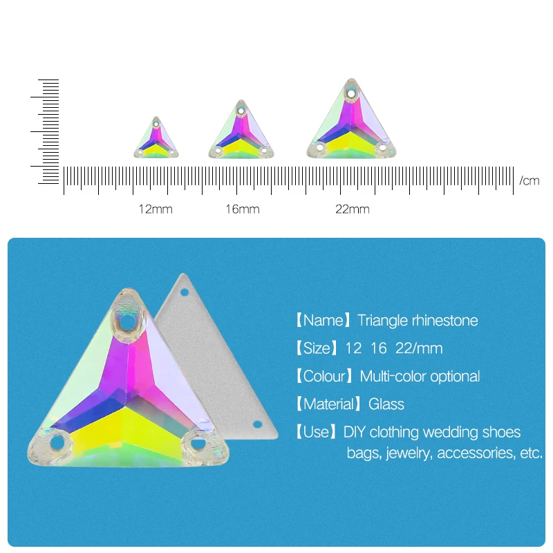 Allsize Sew-On Rhinestone AB Glass Crystal Stones tri-angle shape crystal Three holes Flatback Sewing on Stone For Clothes Craft