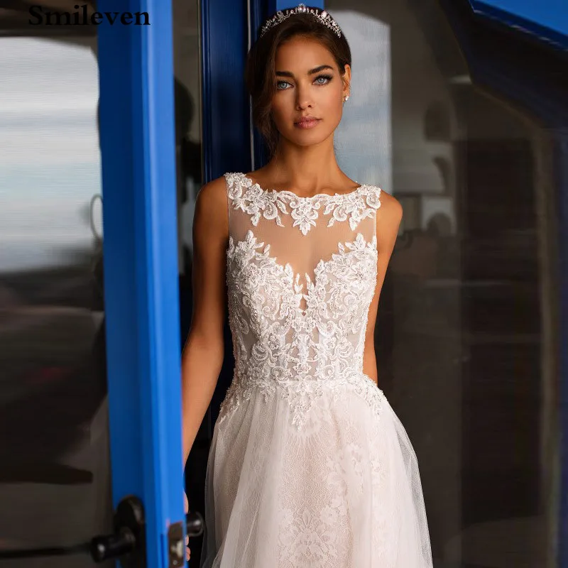 Smileven pizzo abiti da sposa bohémien Puff Tulle senza maniche Appliques di pizzo abiti da sposa da sogno Puffy Tulle Boho abiti da sposa