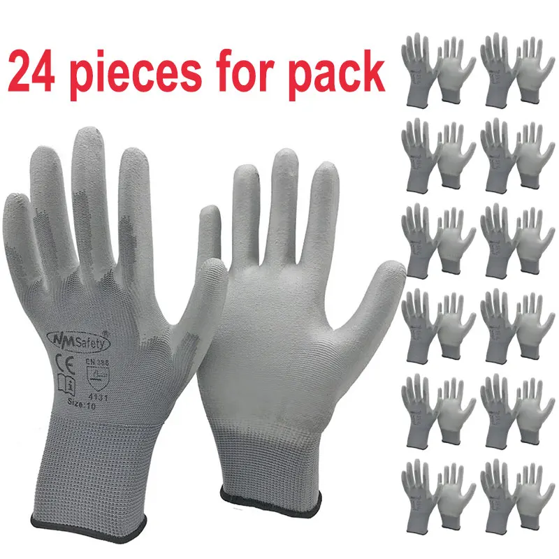 NMSafety 12Pairs/24Pcs Safety Protective Coated PU Work Gloves Palm Mechanic Working Glove CE Certificated EN388 4131X